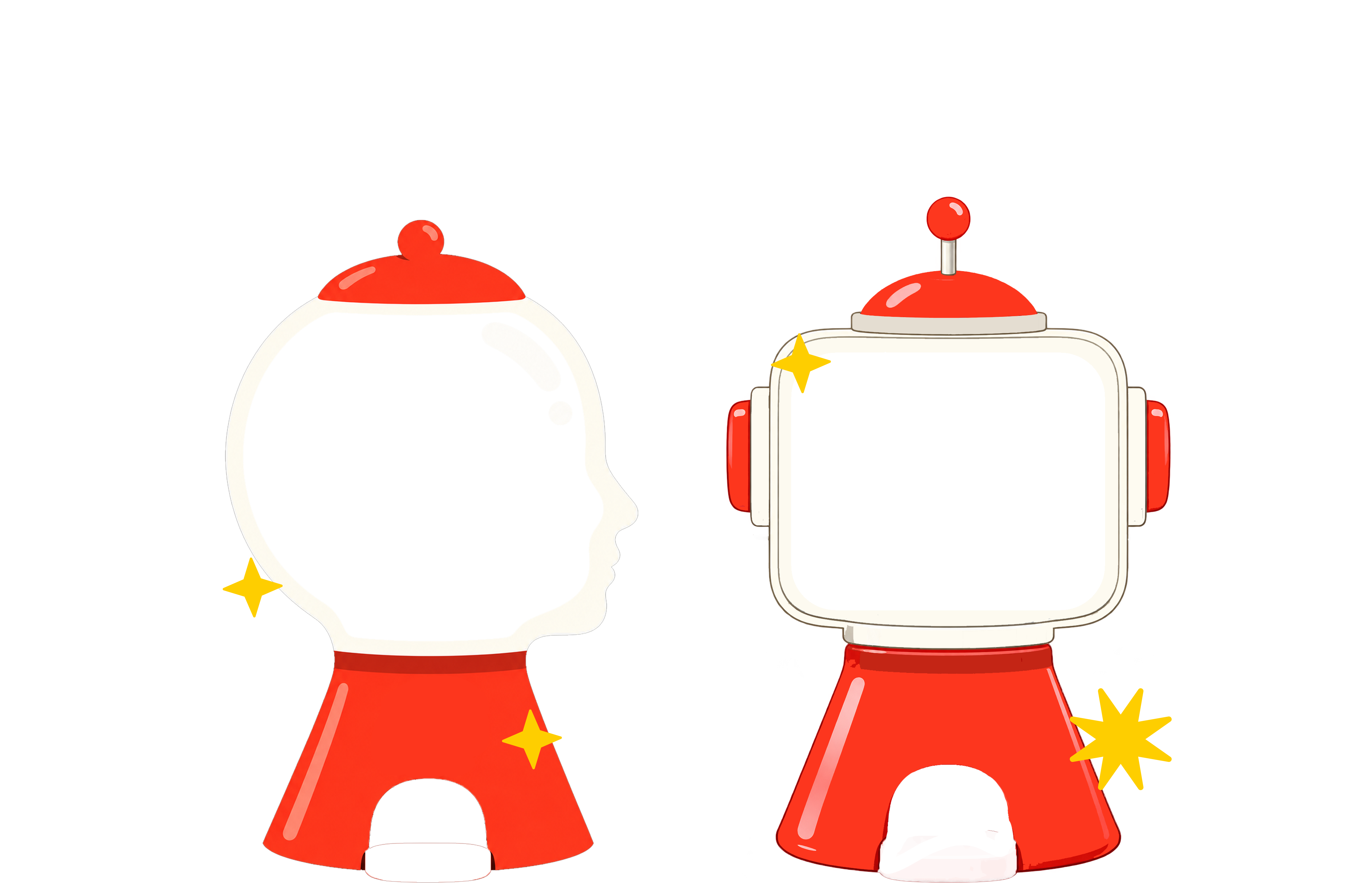Two gumball machines: a human head and a robot head